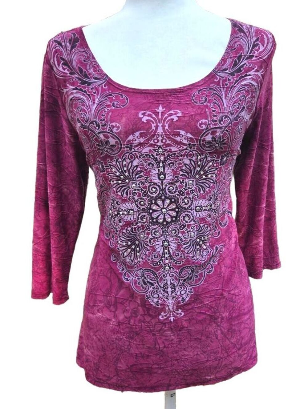 Vintage Y2K Bling Floral Paisley Embellished Scoop Neck Semi-sheer Shirt M